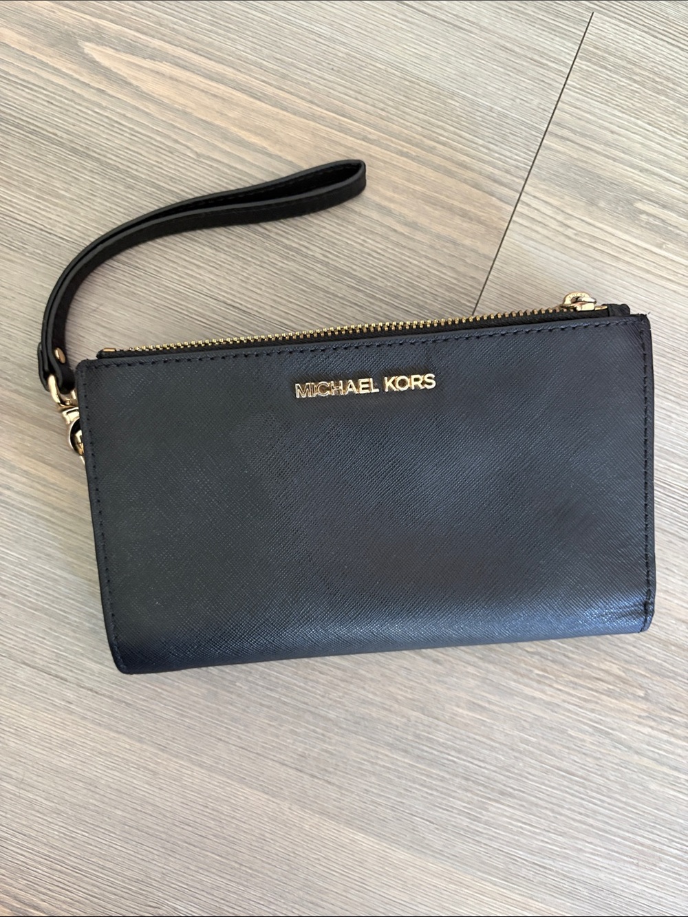 Michael Kors Black Leather Zip Wristlet with Gold Logo